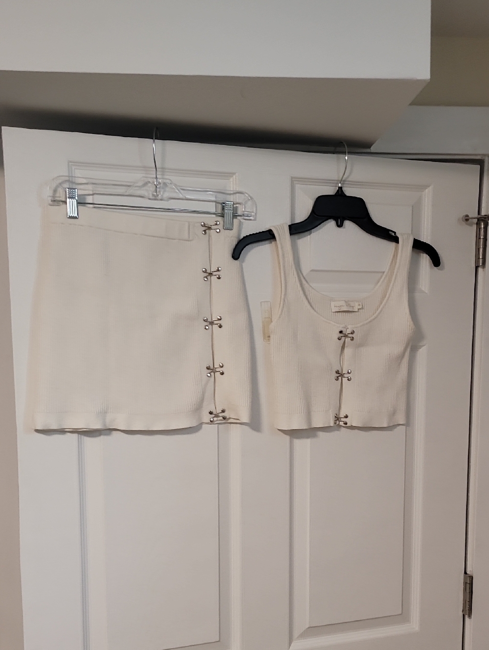 Cream Ribbed Hook-Front Mini Skirt and Crop Tank Set